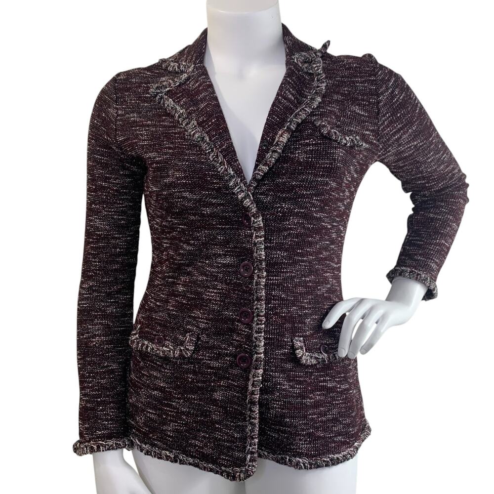 Brooks Brothers Tweed Knit Blazer Size L Purple Fringe Pockets Career Office